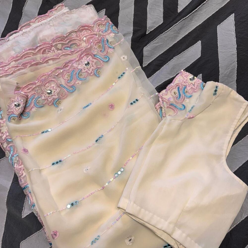 Cream & pink embroidered saree sari with blue & pink paisley design and sequins